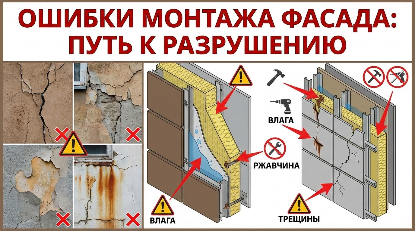 Распространенные ошибки при монтаже фасада, которые ведут к его разрушению