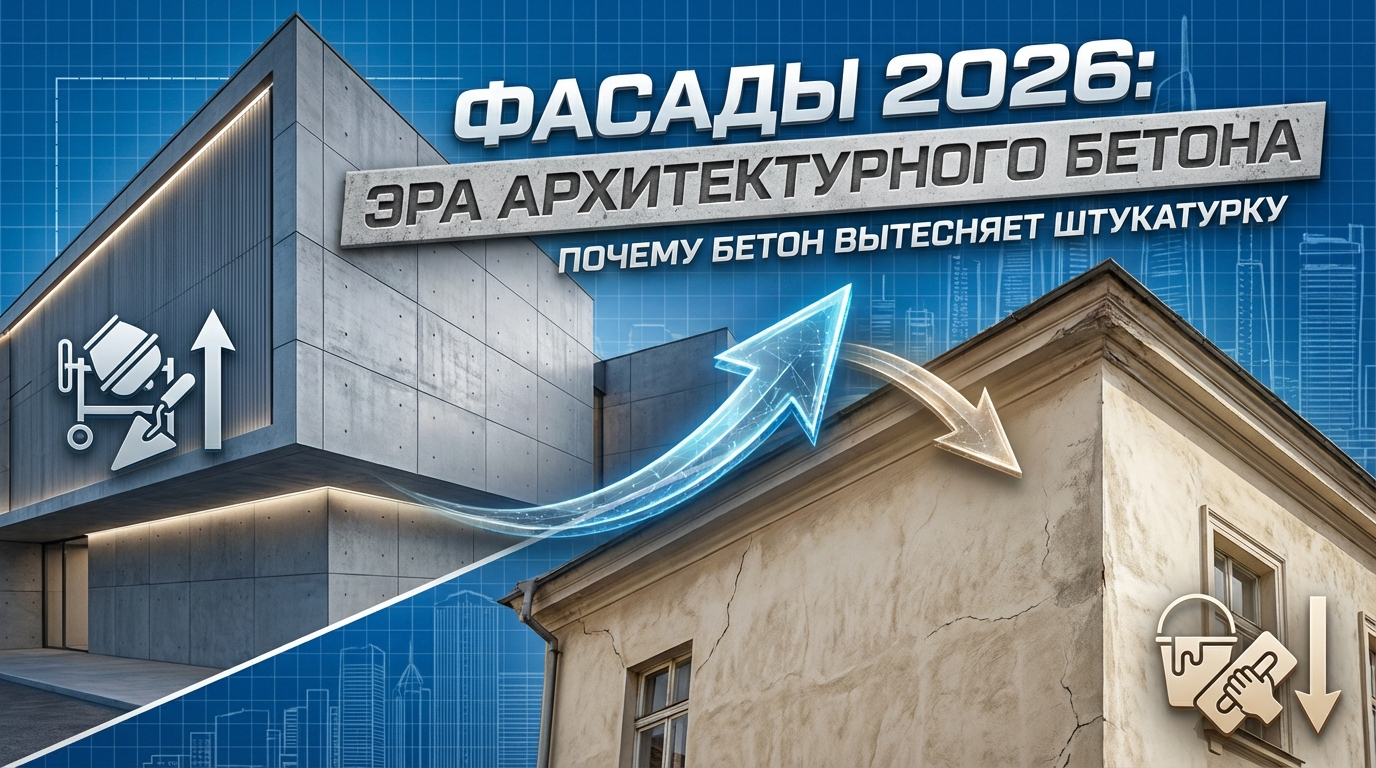 Фасадные тренды 2026: почему архитектурный бетон вытесняет классическую лепнину