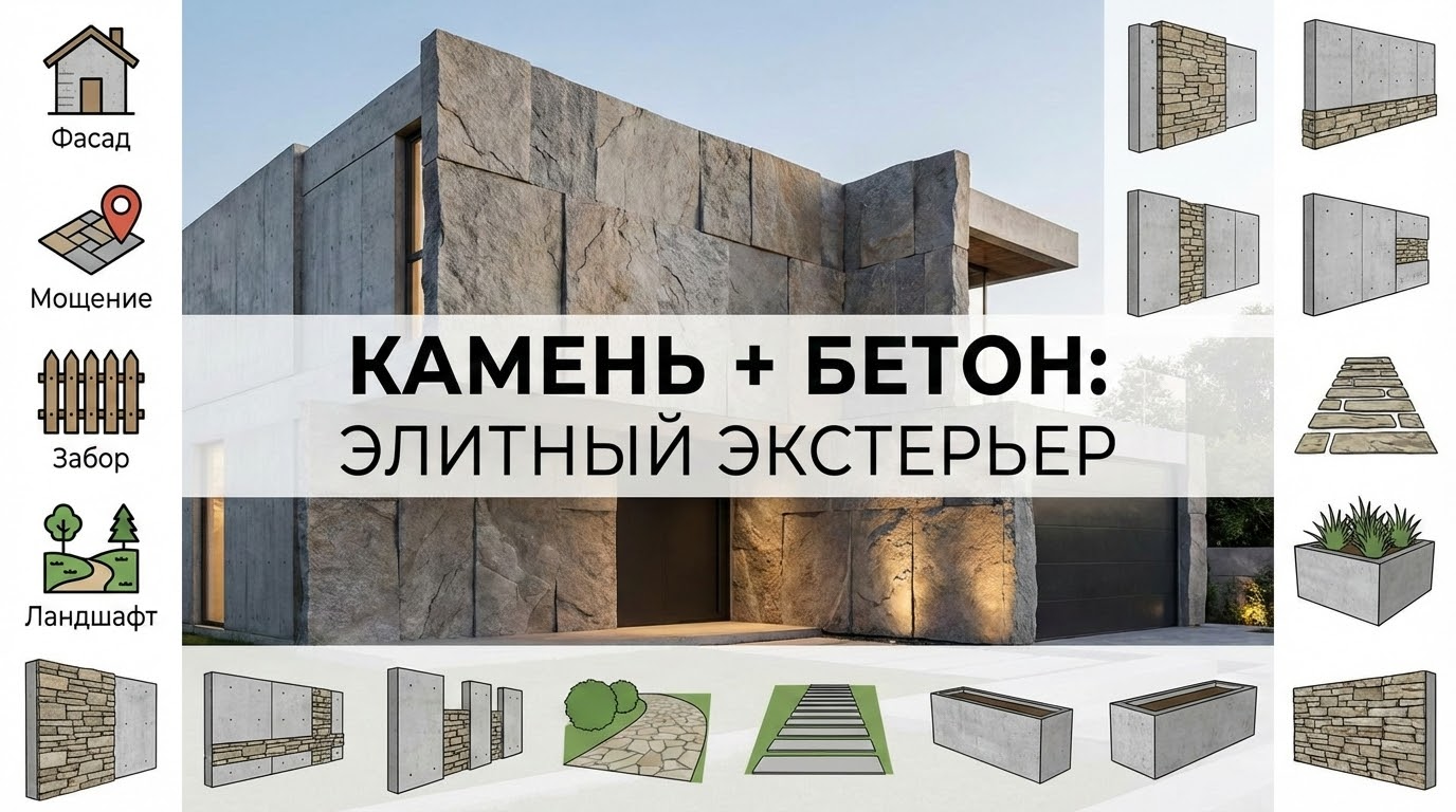 Сочетание натурального камня и архитектурного бетона: 10 идей для элитного экстерьера